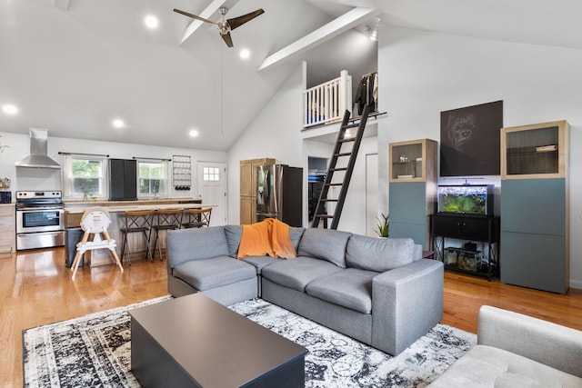 515 S Cedar Ln, Pulaski, TN 38478 - living area with high vaulted ceiling, ceiling fan, light wood-style floors, and recessed lighting