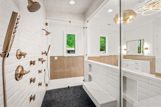 117 Alton Rd, Nashville, TN 37205 - full bath featuring tile walls, tiled shower, a wainscoted wall, and vanity