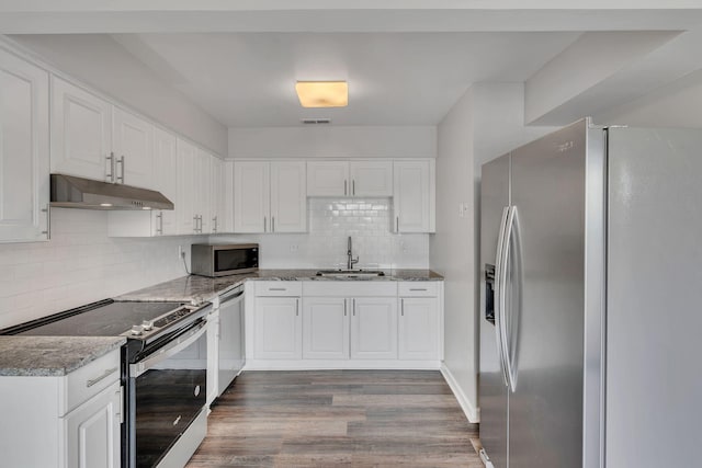 5839 Brentwood Trce, Brentwood, TN 37027 - kitchen with appliances with stainless steel finishes, a sink, under cabinet range hood, dark wood-style floors, and light stone counters
