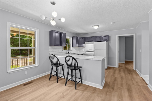 724 Shelly Ln, Rossville, GA 30741 - kitchen featuring white appliances, a peninsula, light wood-type flooring, a textured ceiling, and tasteful backsplash