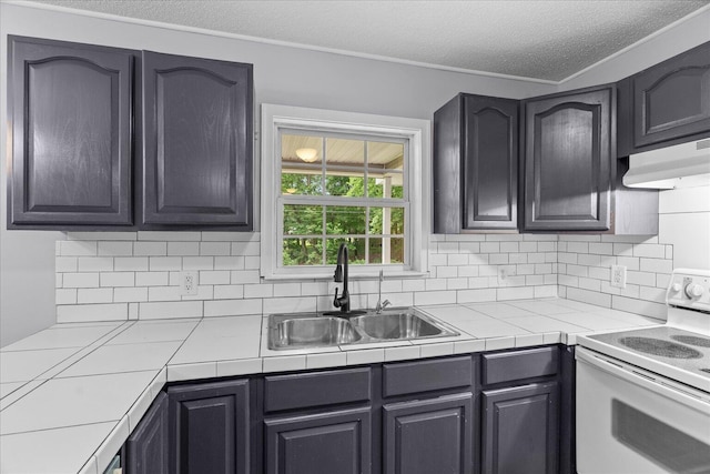 724 Shelly Ln, Rossville, GA 30741 - kitchen featuring white range with electric cooktop, under cabinet range hood, backsplash, a textured ceiling, and tile countertops