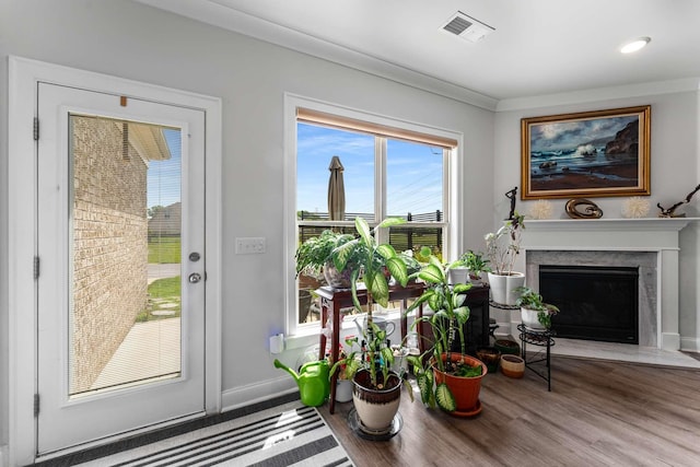 134 Wynfield Blvd, Mount Juliet, TN 37122 - doorway to outside with wood finished floors, a high end fireplace, ornamental molding, and baseboards