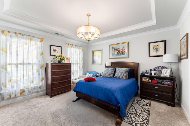134 Wynfield Blvd, Mount Juliet, TN 37122 - bedroom with a raised ceiling, light colored carpet, ornamental molding, and a chandelier