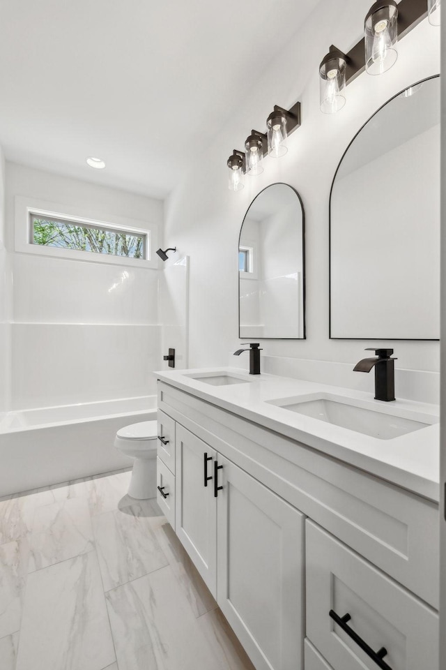 827 Oconner St, Smithville, TN 37166 - full bath featuring double vanity, toilet, marble look tiles, shower / bath combination, and recessed lighting