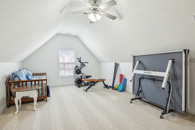 5405 Cliffstone Dr, Smyrna, TN 37167 - exercise area with vaulted ceiling, baseboards, carpet floors, and a ceiling fan
