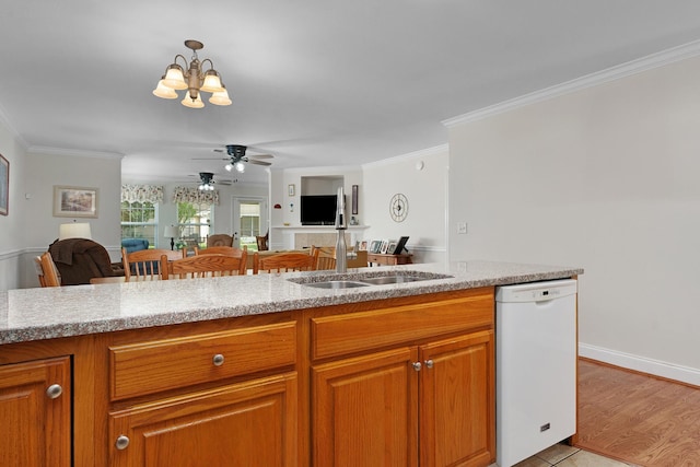 72 Anchor Dr, Rossville, GA 30741 - kitchen featuring white dishwasher, ceiling fan, open floor plan, a chandelier, and light countertops