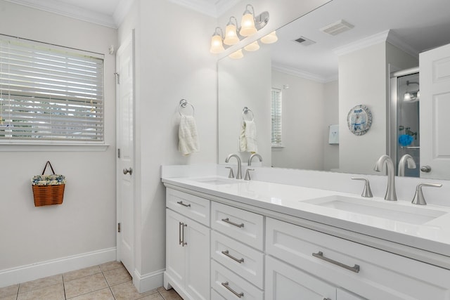 72 Anchor Dr, Rossville, GA 30741 - bathroom with double vanity, baseboards, crown molding, tile patterned floors, and a chandelier