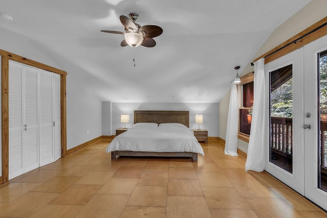 1353 Chapmansboro Rd, Chapmansboro, TN 37035 - bedroom featuring vaulted ceiling, access to outside, baseboards, french doors, and ceiling fan