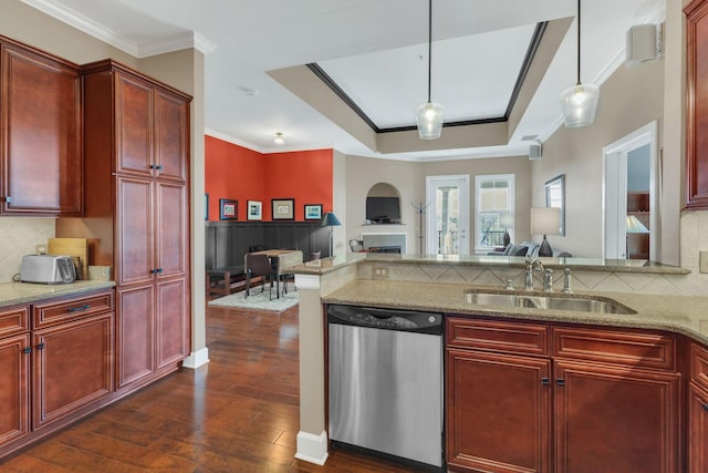 307 Seven Springs Way Unit 402, Brentwood, TN 37027 - kitchen featuring stainless steel dishwasher, reddish brown cabinets, a sink, open floor plan, and ornamental molding