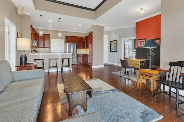307 Seven Springs Way Unit 402, Brentwood, TN 37027 - living area with recessed lighting, dark wood-type flooring, ornamental molding, and baseboards