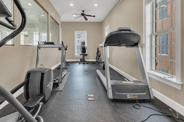 307 Seven Springs Way Unit 402, Brentwood, TN 37027 - exercise area featuring ceiling fan, baseboards, and recessed lighting