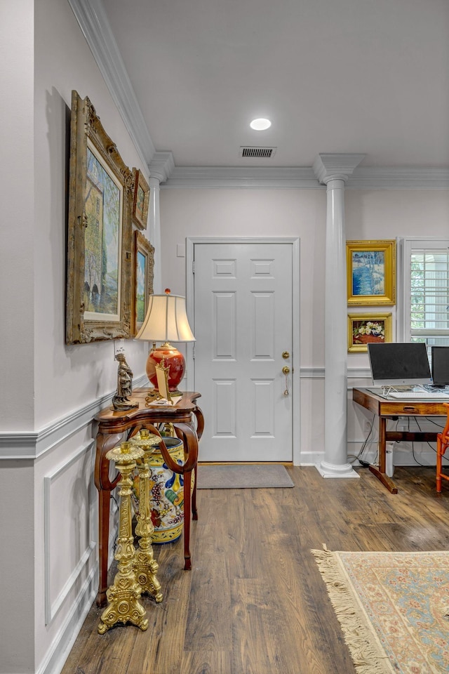 1552 Charleston Blvd, Murfreesboro, TN 37130 - entrance foyer featuring decorative columns, ornamental molding, and wood finished floors