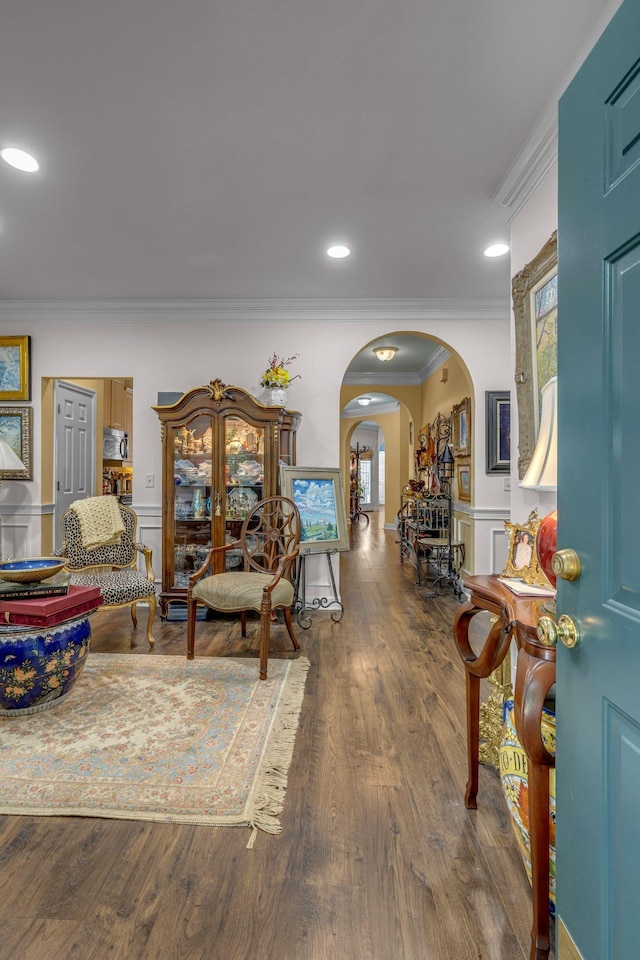 1552 Charleston Blvd, Murfreesboro, TN 37130 - hallway with ornamental molding, arched walkways, wood finished floors, and recessed lighting