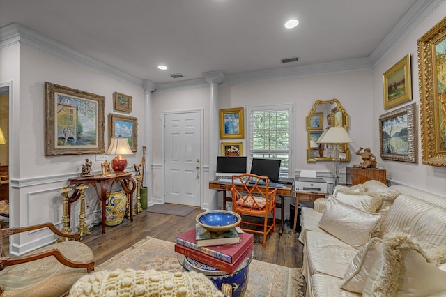 1552 Charleston Blvd, Murfreesboro, TN 37130 - living area featuring ornamental molding, wood finished floors, ornate columns, recessed lighting, and a desk