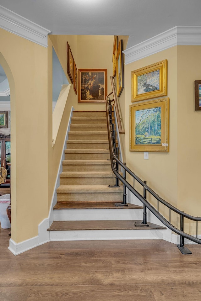 1552 Charleston Blvd, Murfreesboro, TN 37130 - stairs with ornamental molding, wood finished floors, arched walkways, and baseboards