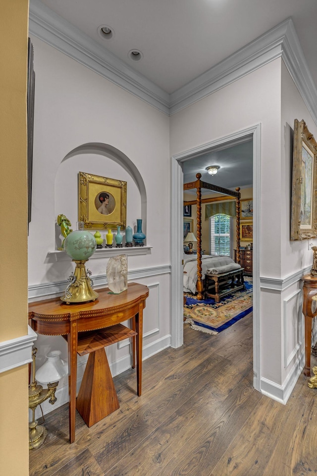 1552 Charleston Blvd, Murfreesboro, TN 37130 - hall featuring crown molding, wood finished floors, and a wainscoted wall