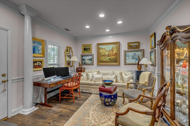 1552 Charleston Blvd, Murfreesboro, TN 37130 - office space featuring decorative columns, crown molding, dark wood-style flooring, and recessed lighting