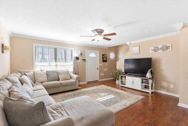 173 Jerry Smith Rd, Indian Mound, TN 37079 - living room featuring ceiling fan, ornamental molding, baseboards, and wood finished floors