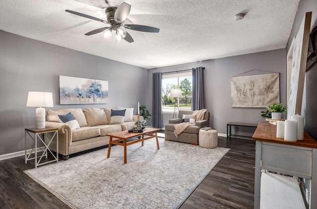 4706 Barfield Crescent Rd, Murfreesboro, TN 37128 - living room with dark wood-type flooring, ceiling fan, a textured ceiling, and baseboards