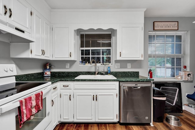 4028 Tomahawk Cir NW, Cleveland, TN 37312 - kitchen with electric stove, dishwasher, a sink, dark wood-type flooring, and white cabinetry