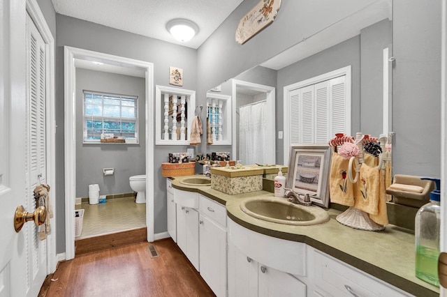 4028 Tomahawk Cir NW, Cleveland, TN 37312 - bathroom with a closet, toilet, double vanity, wood finished floors, and baseboards