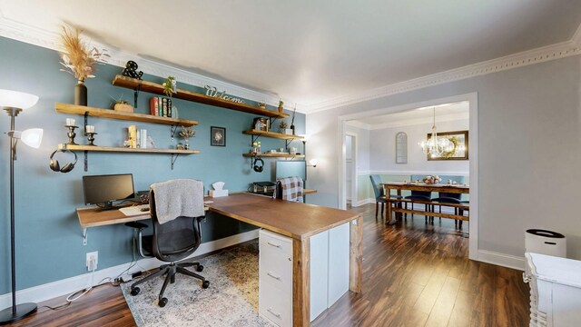 2432 Ponderosa Way, Antioch, TN 37013 - office space featuring baseboards, ornamental molding, dark wood-style flooring, a chandelier, and built in desk