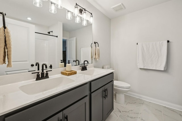 1705 Merkel Rd, Columbia, TN 38401 - bathroom featuring double vanity, toilet, marble look tile flooring, a shower, and baseboards