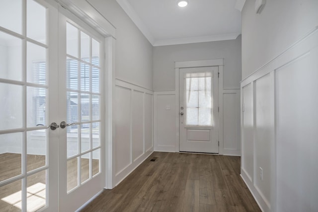 7209 Richvale Dr, Fairview, TN 37062 - doorway featuring a decorative wall, dark wood-type flooring, a wainscoted wall, and ornamental molding