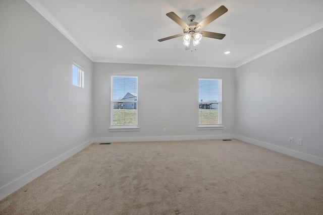 7209 Richvale Dr, Fairview, TN 37062 - spare room with ornamental molding, baseboards, ceiling fan, light colored carpet, and recessed lighting