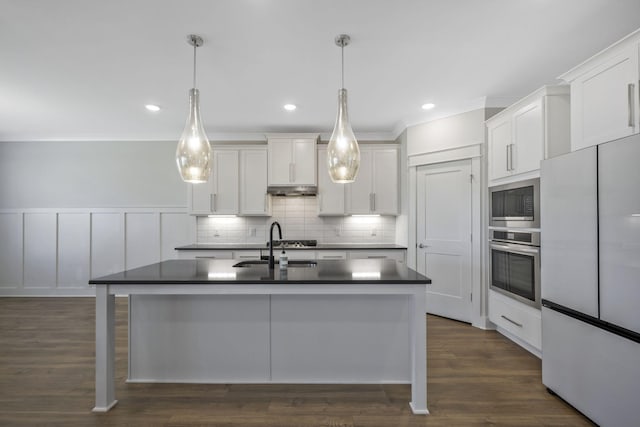 7209 Richvale Dr, Fairview, TN 37062 - kitchen featuring oven, fridge, dark countertops, white cabinetry, and ornamental molding
