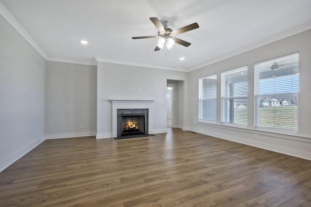 7209 Richvale Dr, Fairview, TN 37062 - unfurnished living room with ornamental molding, a fireplace with flush hearth, a ceiling fan, dark wood-type flooring, and baseboards