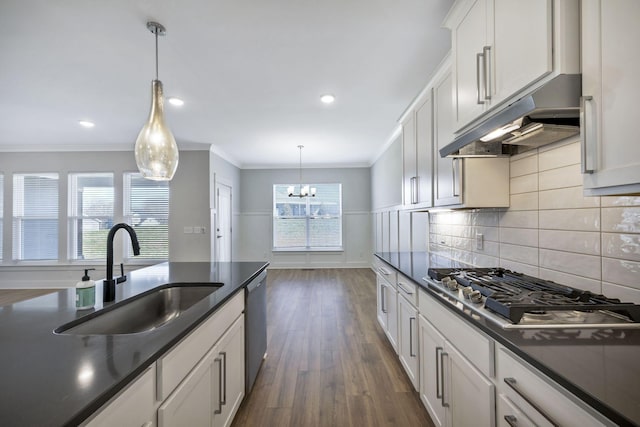 7209 Richvale Dr, Fairview, TN 37062 - kitchen with under cabinet range hood, stainless steel appliances, dark countertops, a sink, and ornamental molding