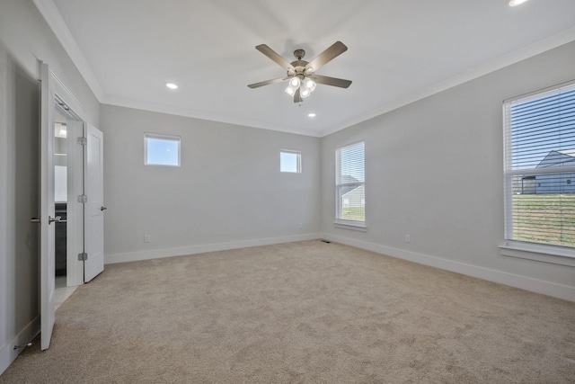7209 Richvale Dr, Fairview, TN 37062 - spare room with ornamental molding, light colored carpet, ceiling fan, baseboards, and recessed lighting