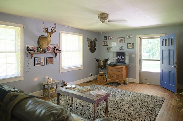 3281 Pulaski Hwy, Lawrenceburg, TN 38464 - living room featuring plenty of natural light, wood finished floors, ceiling fan, and baseboards