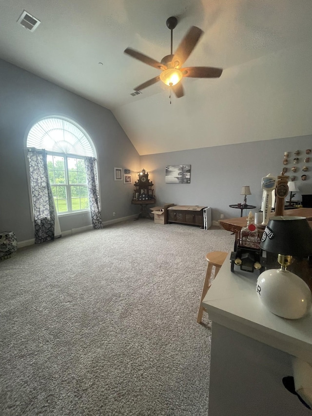 380 Preakness Cir, Pleasant View, TN 37146 - living area featuring lofted ceiling, carpet flooring, a ceiling fan, and baseboards
