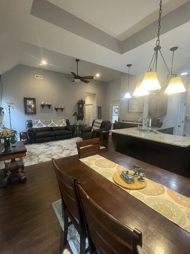 380 Preakness Cir, Pleasant View, TN 37146 - dining room with dark wood-style floors, a ceiling fan, recessed lighting, and lofted ceiling
