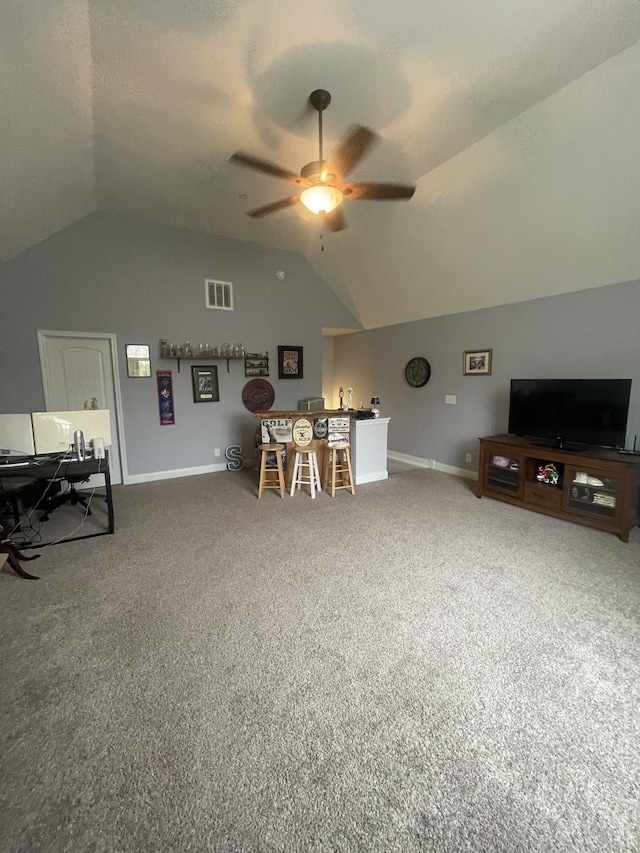 380 Preakness Cir, Pleasant View, TN 37146 - interior space with vaulted ceiling, ceiling fan, carpet, baseboards, and an office area