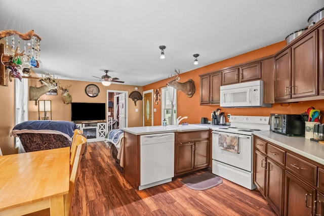 2751 Jarrell Ridge Rd, Clarksville, TN 37043 - kitchen featuring white appliances, a peninsula, dark wood finished floors, a sink, and light countertops