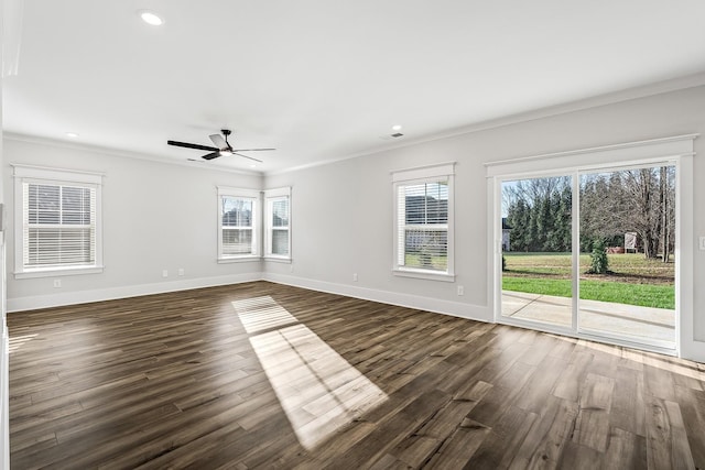 528 Kingwood Ln, White House, TN 37188 - unfurnished room featuring ornamental molding, dark wood-type flooring, a ceiling fan, baseboards, and recessed lighting
