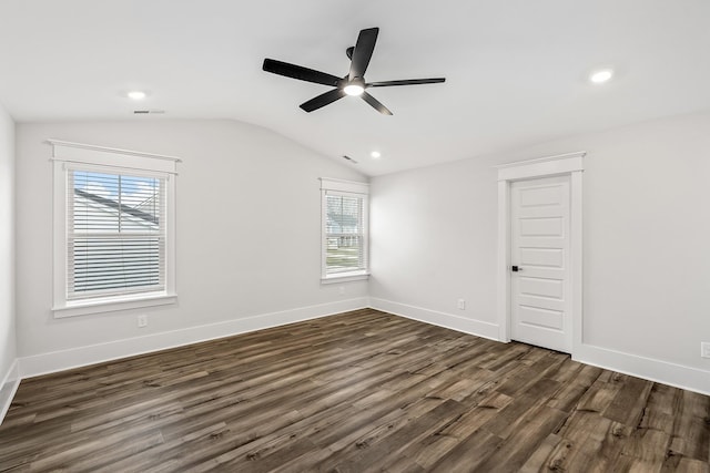 528 Kingwood Ln, White House, TN 37188 - unfurnished room with ceiling fan, dark wood-style flooring, vaulted ceiling, recessed lighting, and baseboards
