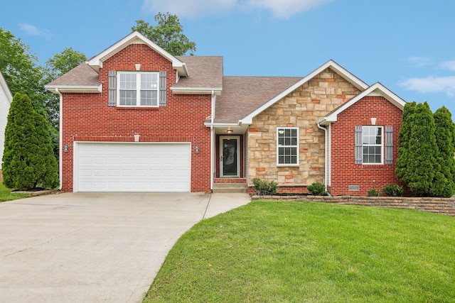 2889 Sharpie Dr, Clarksville, TN 37040 - view of front of home with driveway, a front yard, an attached garage, roof with shingles, and stone siding
