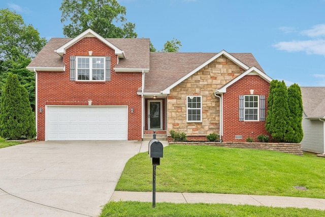 2889 Sharpie Dr, Clarksville, TN 37040 - traditional home with concrete driveway, a shingled roof, a front yard, a garage, and stone siding