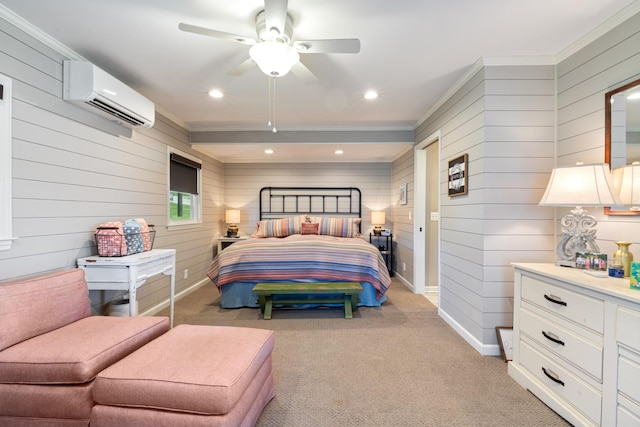 440 Bluff Point Ln, Waverly, TN 37185 - bedroom featuring a wall mounted AC, wood walls, light colored carpet, recessed lighting, and ornamental molding