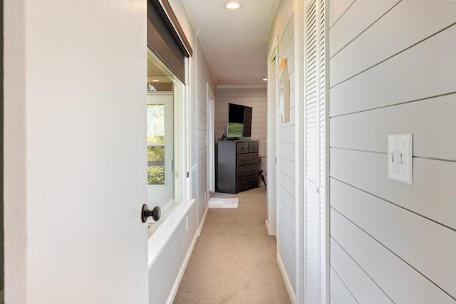 440 Bluff Point Ln, Waverly, TN 37185 - hallway with crown molding, light carpet, recessed lighting, and wooden walls