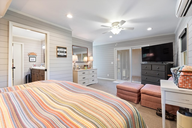 440 Bluff Point Ln, Waverly, TN 37185 - bedroom with a wall unit AC, carpet, recessed lighting, crown molding, and a sink