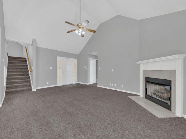 3825 Roscommon Way, Clarksville, TN 37040 - unfurnished living room featuring carpet flooring, a ceiling fan, high vaulted ceiling, a fireplace, and stairs