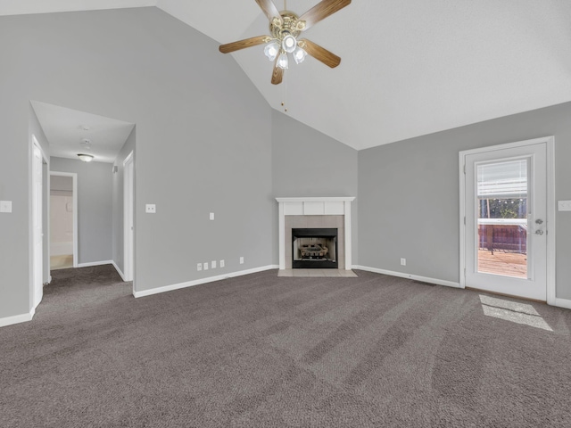 3825 Roscommon Way, Clarksville, TN 37040 - unfurnished living room featuring carpet, a ceiling fan, baseboards, and high vaulted ceiling