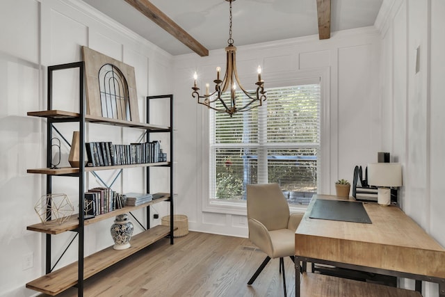 4480 Old Murfreesboro Rd W, Lebanon, TN 37090 - home office with a decorative wall, beamed ceiling, a chandelier, wood finished floors, and healthy amount of natural light