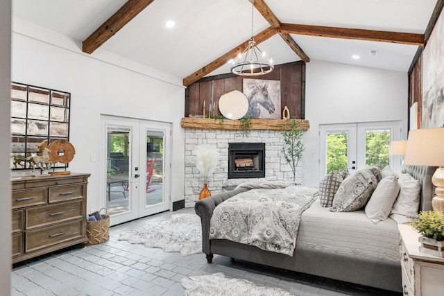 2878 Fly Rd, Santa Fe, TN 38482 - bedroom featuring french doors, beamed ceiling, access to outside, a chandelier, and high vaulted ceiling