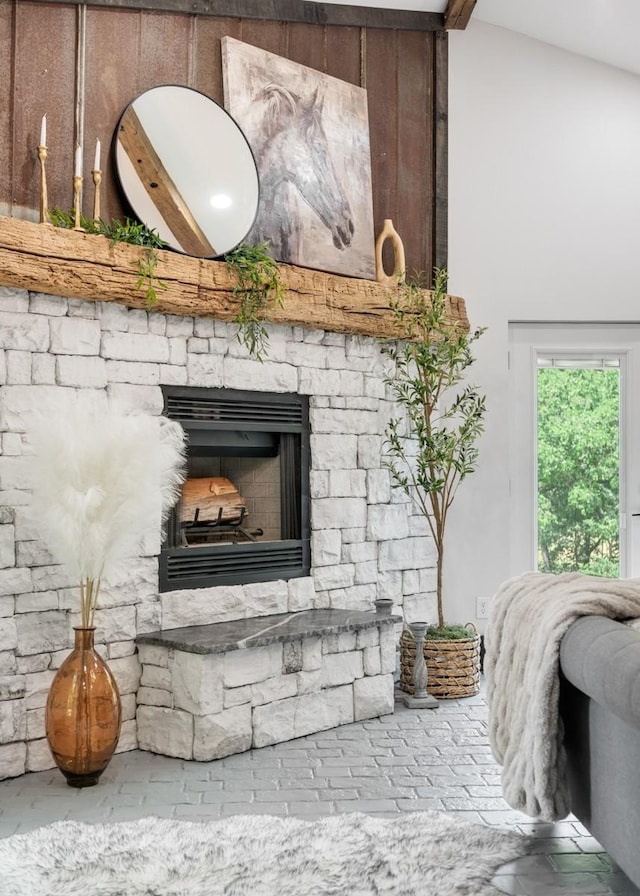 2878 Fly Rd, Santa Fe, TN 38482 - living room featuring a fireplace and high vaulted ceiling